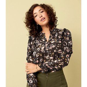 NWT! LOFT Black Floral Ruffle Split Neck Blouse
